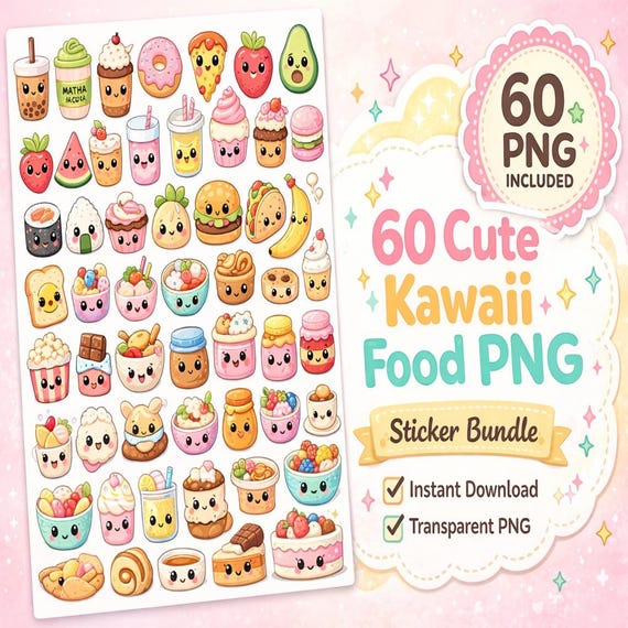 60 Kawaii Food PNG Clipart, Sticker Bundle, Sublimation Designs (Digital Download)