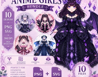Dark Fantasy Anime Girls Bundle, 10 Designs, PNG SVG (Digital Download)