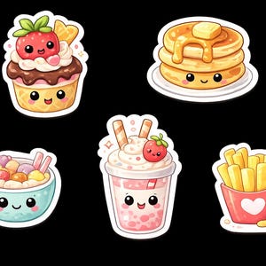 May include: A collection of cute food stickers on a black background. The stickers include a cupcake with a strawberry, pancakes with butter, a bowl of colorful candies, a pink drink with a strawberry, and a container of french fries.
