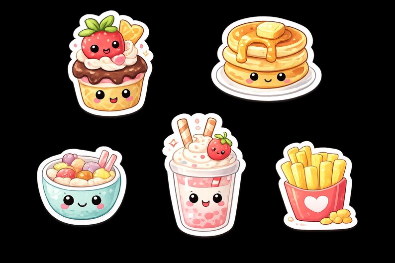 May include: A collection of cute food stickers on a black background. The stickers include a cupcake with a strawberry, pancakes with butter, a bowl of colorful candies, a pink drink with a strawberry, and a container of french fries.