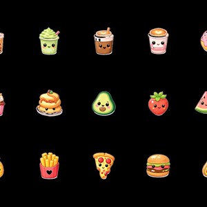 May include: A collection of kawaii-style food and drink illustrations on a black background. The image includes a bubble tea, milkshake, coffee, donut, cupcake, pancakes, avocado, strawberry, watermelon, banana, pineapple, fries, pizza, burger, and hot dog.