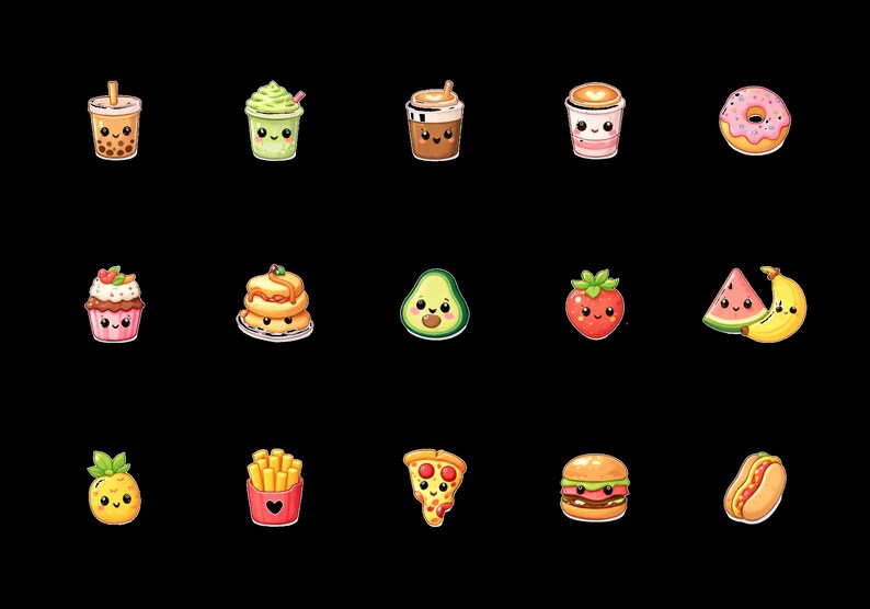 May include: A collection of kawaii-style food and drink illustrations on a black background. The image includes a bubble tea, milkshake, coffee, donut, cupcake, pancakes, avocado, strawberry, watermelon, banana, pineapple, fries, pizza, burger, and hot dog.
