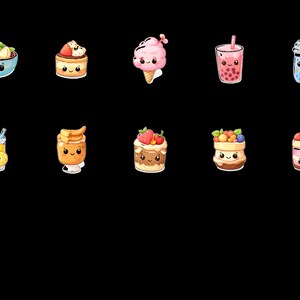 May include: A collection of ten cartoon food illustrations on a black background. The illustrations include a fruit salad, a cake with a strawberry, a pink ice cream cone, a bubble tea, a blue drink, a lemonade, a honey drink, and three different cakes.