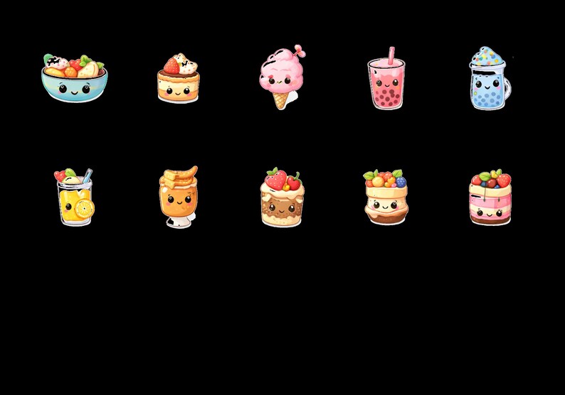 May include: A collection of ten cartoon food illustrations on a black background. The illustrations include a fruit salad, a cake with a strawberry, a pink ice cream cone, a bubble tea, a blue drink, a lemonade, a honey drink, and three different cakes.