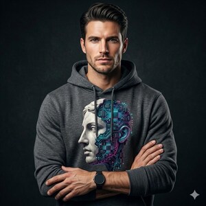 Op de afbeelding: Een grijze hoodie met een afbeelding van een klassieke buste samengevoegd met printplaatontwerpen in blauw en paars. De persoon draagt een zwart horloge. De achtergrond is donkergrijs.
