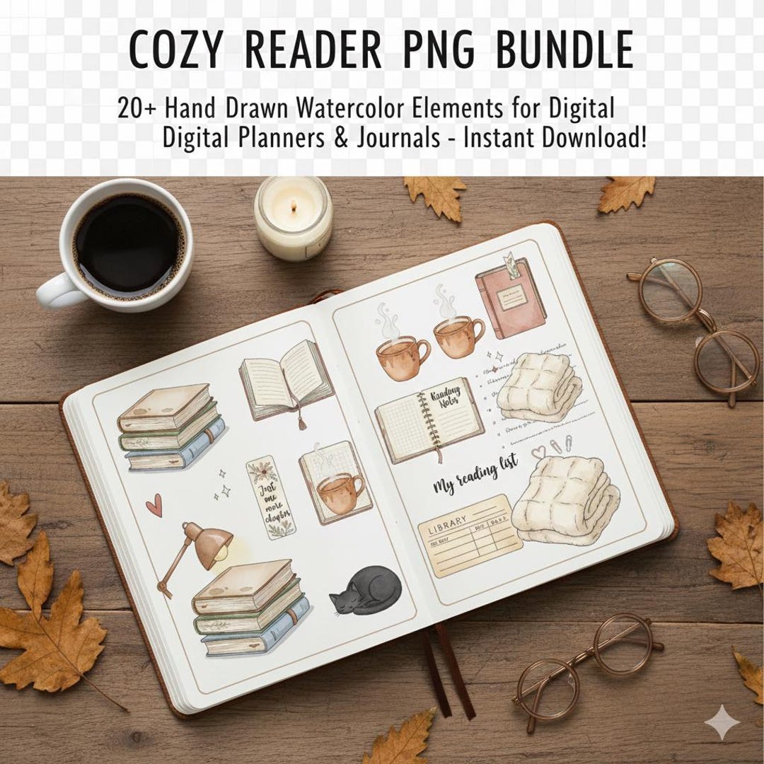 Cozy Reader Watercolor PNG & SVG Bundle – Bookish Planner Stickers ...