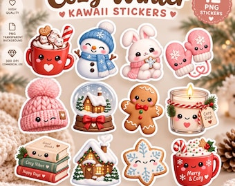 Cozy Winter Kawaii Stickers Bundle, 12 PNG Clipart (Digital Download)
