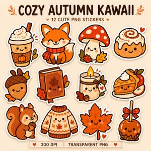 Op de afbeelding: Een set van 12 digitale stickers met de titel COZY AUTUMN KAWAII, met illustraties van een pumpkin spice latte, een vos met een sjaal, een paddenstoel, een kaneelbroodje, een eikel, een boek, een kaars, een stuk taart, een eekhoorn, een trui, een blad en een suikerappel.