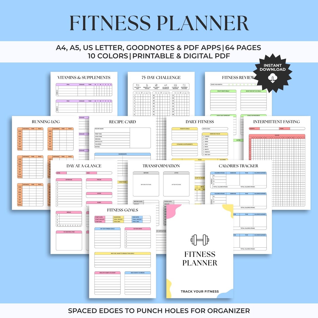 Fitness Planner Printable &amp; Digital - A4/a5/letter + Goodnotes - Workout Journal, Meal Tracker ...
