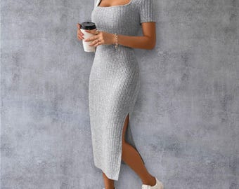 grey ribbed midi dress Ribbed Racerback Tank Midi Dress Gray