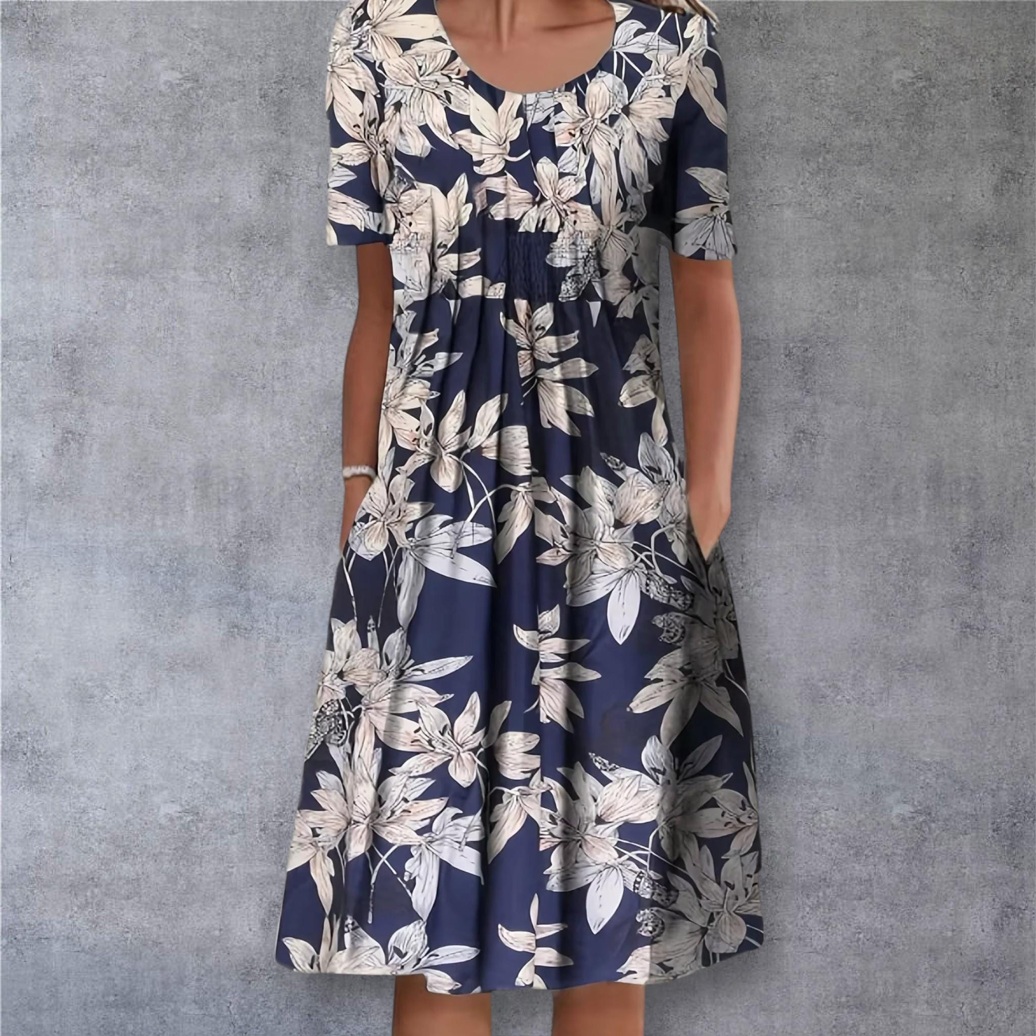 Women's Summer Dress, Short Sleeve Mini Midi, Comfortable Relaxed Fit, Blue Black Deep Blue White, Breezy Casual Dress, Elegant Sundress