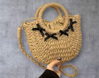 Dames strandmandtas, zomerschoudertas, beige kaki handtas, elegante geweven portemonnee, vakantieklaar, Aesthetic resorttas