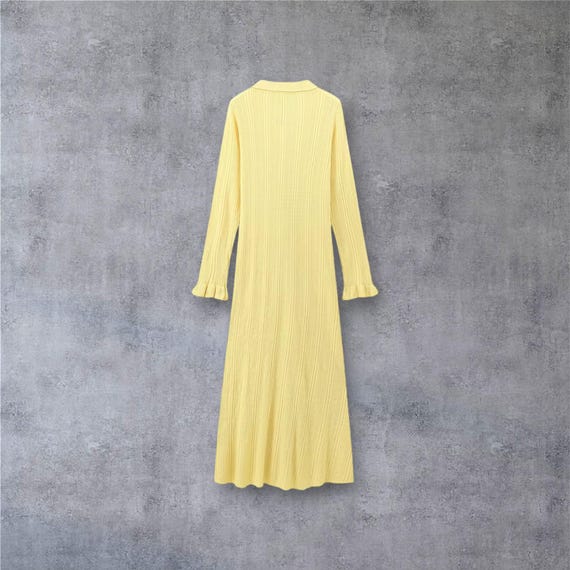 Women's Yellow Long Dress, Chic Button-Up Maxi, Elegant Summer Dress, Breezy Flowy Outfit, Stylish Vacation Wear, Beautiful Sundress