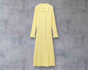 Women's Yellow Long Dress, Chic Button-Up Maxi, Elegant Summer Dress, Breezy Flowy Outfit, Stylish Vacation Wear, Beautiful Sundress