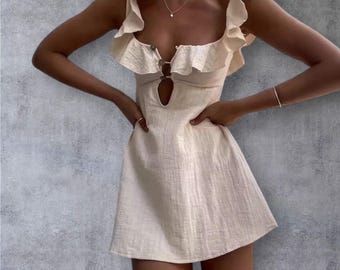 Women's Beige Button-Up Mini Dress, Elegant Beach Dress, Breezy Summer Sundress, Chic Resort Wear, Beautiful Short Dress, Vacation Outfit