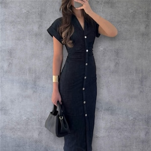 Women&#39;s Long Denim Dress, Elegant Summer Maxi, Navy Blue Beige Jean Dress, Chic Vacation Outfit, Stylish Holiday Wear, Beautiful Sundress