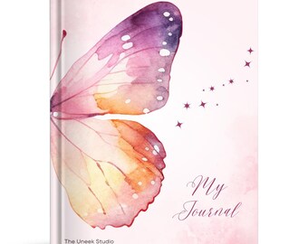 May include: A journal with a watercolor butterfly design. The butterfly wing is in shades of pink, purple, and orange. The words "My Journal" are written in cursive. The journal is on a white shelf. The Uneek Studio is printed on the bottom left.