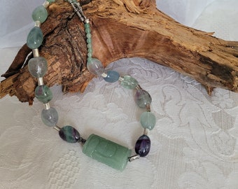 NEW LISTING in SEMIPRECIOUS - Chunky Necklace with Vintage Carved Jade Center Stone, Feathered Fluorite and Silver