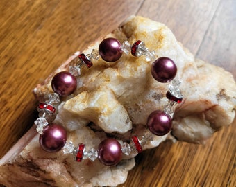 New Jewelry Listing - Burgundy Vintage Faux Pearl Bracelet with Red Swarovski Crystal Rondelles and Vintage Swarovski Crystals