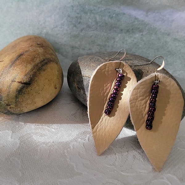 BRAND NEW LISTING, The most popular earring of 2022, Leather Leaf Earrings with Glass Bead Accents