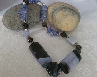 BRAND NEW LISTING - Blue Lace Agate/ Sardonyx Necklace with Smoky Quartz