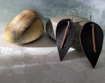 BRAND NEW LISTING, Leather Leaf Earrings, The Most Popular Earring of 2022, Unique with Glass Bead Accent