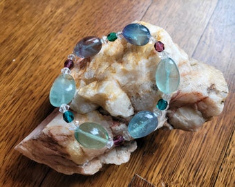 New Jewelry Listing - Smooth Chunky Fluorite - Beautiful Shades of Purple and Green with Swarovski and Vintage Crystals