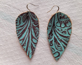 New Jewelry Listing - The Most Popular Earring of 2022 -  Southwest Style -   Embossed, Handcut, Turquoise, Leather Leaf Earrings