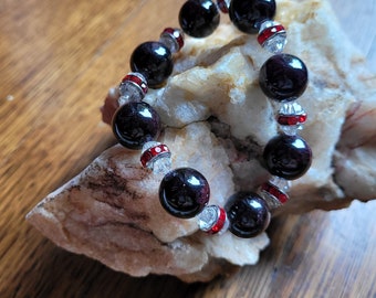 New Jewelry Listing, January Birthstone Bracelet,  Large Smooth Polished Garnet with Swarovski Crystal Rondelles and Vintage Swarovski Beads