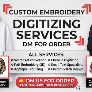 May include: An advertisement for custom embroidery digitizing services. The image shows two hoodies, one white with a lion design and one black with an anchor and compass design. Text includes "Custom Embroidery Digitizing Services" and "DM for Order."