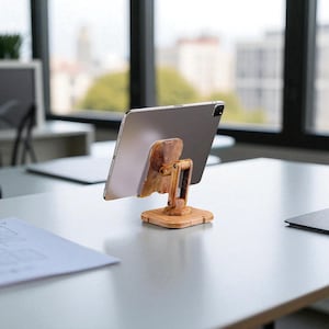 Adjustable Wooden Phone & Tablet Stand – Foldable Desk Holder for iPhone iPad Android | Rotating Docking Station for Office Travel Kitchen