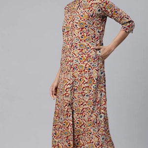 Beige Floral Printed Rayon Dress with Mandarin Collar, Three Quarter Sleeve Calf Length A-Line Kurti with Flared Hem for Women