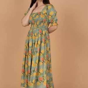 Romantic Floral Print Puff Sleeve Fit and Flare Midi Dress for Women – Vintage Inspired Summer Garden Party Outfit with Feminine Style