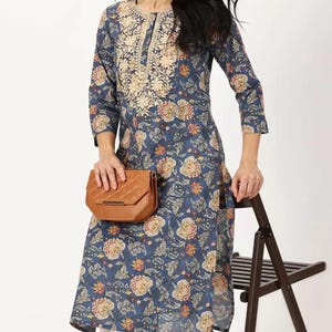 Blue floral cotton Anarkali kurta with thread work, boat neck and flared sleeves, elegant ethnic cotton kurta for festive wear