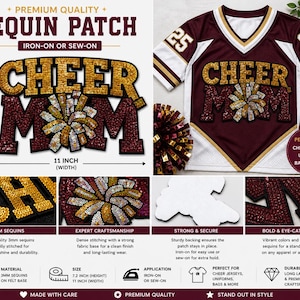 以下が含まれることがあります： CHEER MOMの文字とポンポンのグラフィックが施されたスパンコールワッペン。高さ18.3cm、幅27.9cm。フェルトベースに3mmのゴールド、シルバー、マルーンのスパンコールが縫い付けられており、アイロン接着または縫い付けが可能です。