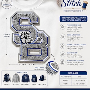 May include: A premium chenille patch with the letters "SB" in gray and blue, featuring a bulldog graphic. The patch is 9.5 inches high and 7.2 inches wide, perfect for jackets, hoodies, and more. The text says "Patches by Stitch".