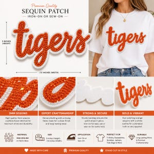 Puede incluir: Parche de lentejuelas naranja con la palabra "tigers" en cursiva. Mide 7,6 cm de alto y 19 cm de ancho, con contorno blanco. Parche para planchar o coser, ideal para ropa.