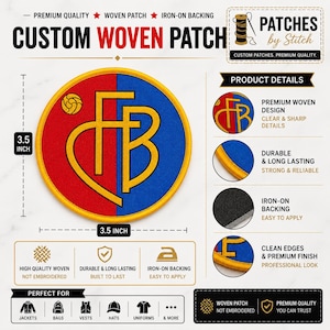 May include: A circular woven patch measuring 3.5 inches by 3.5 inches, featuring a split red and blue background with a yellow border and a yellow monogram of the letters FB. A small yellow soccer ball icon is positioned in the upper left quadrant.