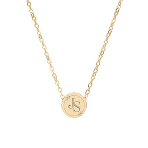 Initial Monogram Pendant Mini Circle Necklace | Engraved Letter Disc