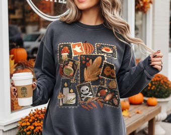 Vintage Halloween Briefmarken Unisex Sweatshirt, gemütlicher Herbst Boho Stil, Kürbisse und Pilze, Halloween Outfit, Herbstkleidung