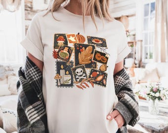 Vintage Herbst Briefmarken Unisex T-Shirt, Pilze Kürbisse Glühende Kerzen Geister Halloween Süßigkeiten, Halloween T-Shirt, Herbst Shirt, Herbst Top, Retro