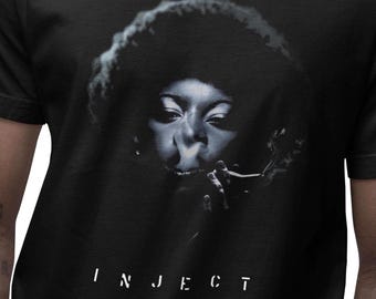 INJECT Graphic T-Shirt, Inhaling Smoke Afro Portrait Tee, Dark Indie Streetwear Art