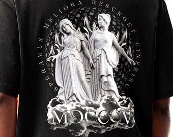 Detroit City Seal Flag Boxy T-Shirt , Rise from the Ashes, Gothic Statue Streetwear Graphic T-Shirt
