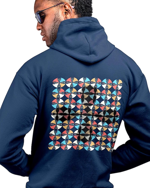 Abstract Geometric Tabono Hoodie, Optical Illusion Adinkra Pattern Pullover Front and Back