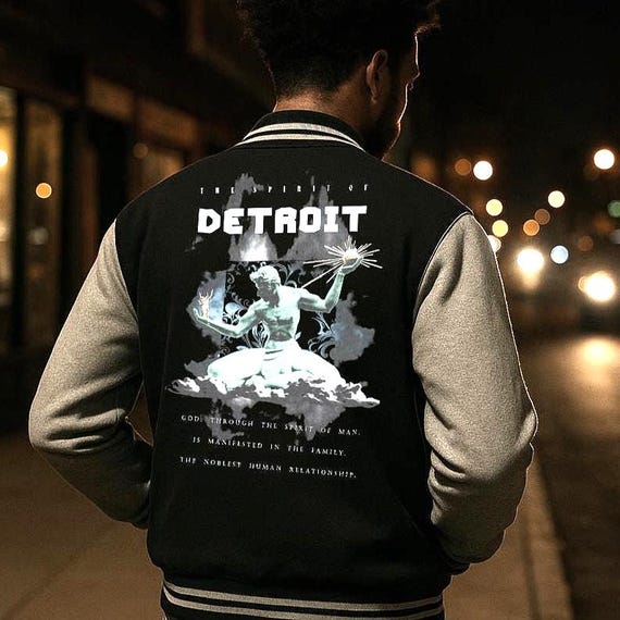 Spirit of Detroit Varsity Jacket, Fleece Snap Front Retro Bomber Outerwear