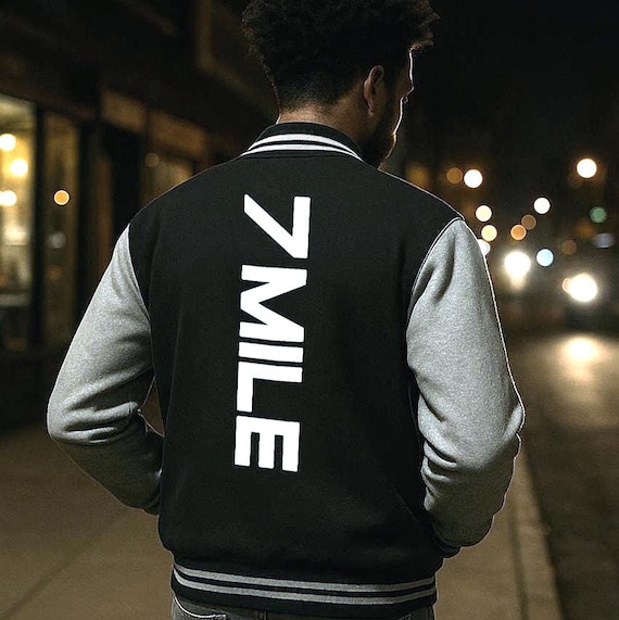 7 Mile Detroit Varsity Jacket, Seven Mile Road Back Print Fleece Coat