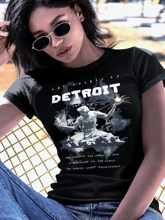 Michigan Spirit of Detroit Statue Womens T-Shirt, Inscription Artwear Streetwear Apparel