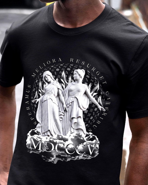 Detroit City Flag T-Shirt , Rise from the Ashes, Gothic Statue Streetwear Graphic T-Shirt