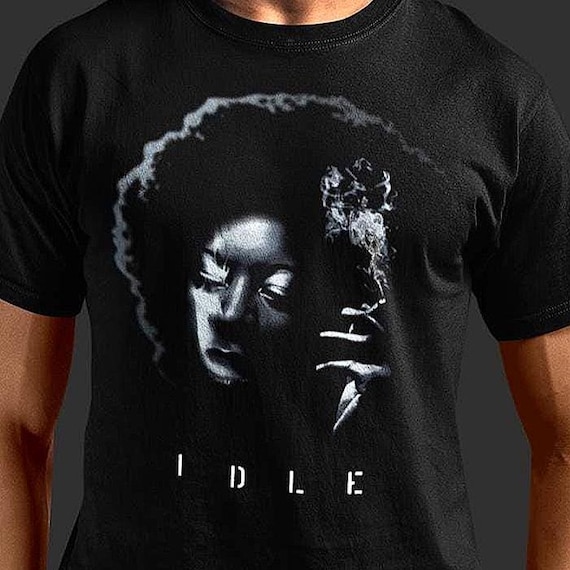 IDLE Graphic T-Shirt, Moody Afro Portrait Tee, Dark Indie Streetwear Smoking Girl Art