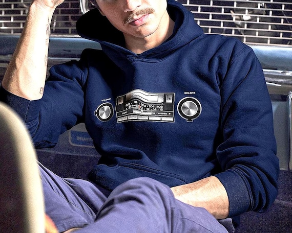 Retro 80s Car Radio Stereo System Hoodie, Vintage Cassette Deck Graphic Pullover